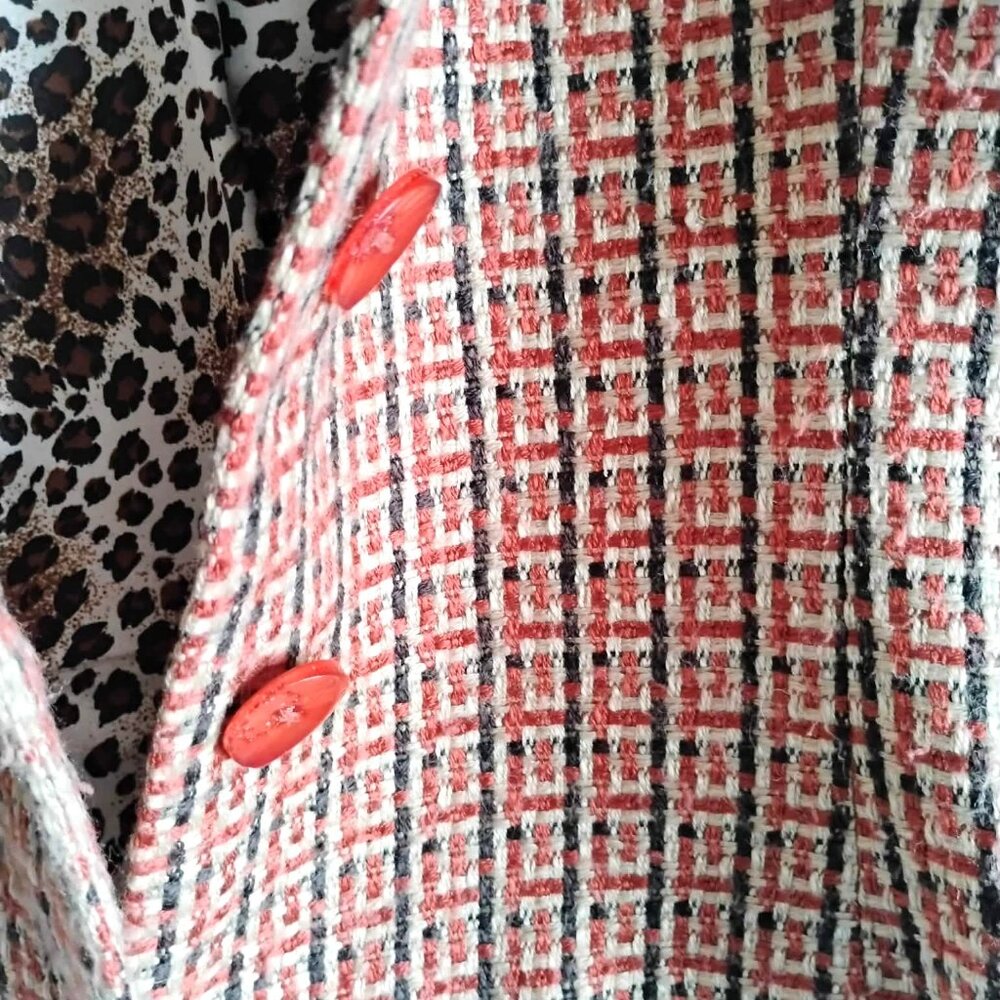 FDJ Tweed Collarless Blazer Plaid Leopard Lined Jacket - Picture 3 of 9